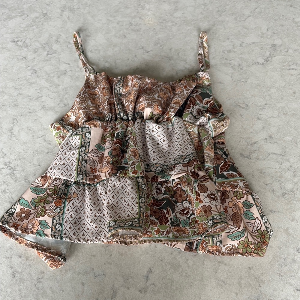 Brown and Green Ruffled Tank Top with Spaghetti Straps